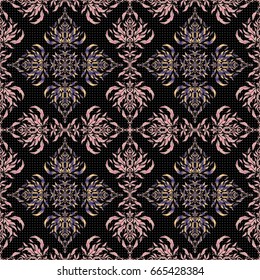 Vector sketch for cards, thank you message, printing. Vintage seamless grid on a black background. Seamless pattern in Eastern style with violet, pink and beige elements.