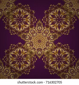 Vector sketch for cards, thank you message, printing. Vintage seamless border and grid for design template on a purple background. Seamless pattern in Eastern style with floral golden elements.
