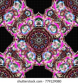Vector sketch for cards, thank you message, printing. Vintage seamless grid for design template on a black background. Seamless pattern in Eastern style with green and pink elements.