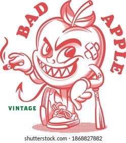the vector sketch of the cartoon  apple character in retro stile