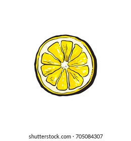 vector sketch cartoon colorful half of ripe lemon, sliced fruit object. Isolated illustration on a white background. Fresh juicy cirtus closeup. Healthy organic food full of vitamins, nutrients