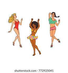 vector sketch cartoon cute beautiful young woman, girls dancing at beach party set. Caucasian blonde girl in swimsuit, brunette in caucasian clothing, african black girl in skirt on vacation isolated