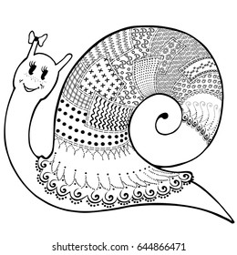 Vector sketch cartoon cute snail in clothes patchwork, hand-drawn of black lines on white background