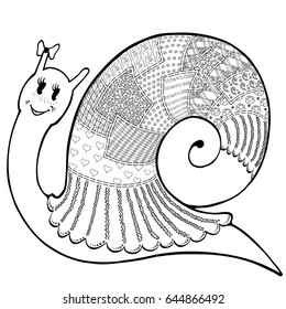 Vector sketch cartoon cute snail in clothes patchwork, hand-drawn of black lines on white background