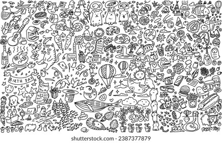 Vector sketch cartoon doodle set of objects.Animals and symbols in the fantasy world.