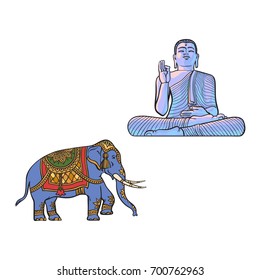 vector sketch cartoon eastern, oriental statue of sitting in Lotus posture Buddha, decorated elephant set. Isolated illustration on a white background. Hand drawn Sri-lanka symbol