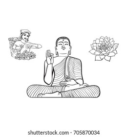 vector sketch cartoon eastern, oriental statue of sitting in Lotus posture Budda, local woman collecting tea, lotus flower set. Isolated illustration on a white background. Hand drawn Sri-lanka symbol