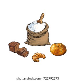 vector sketch cartoon flour or sugar burlap bag or sack with wooden scoop, white, dark bread loafs and croissant. Isolated illustration on a white background. Bakery menu, logo brand design element