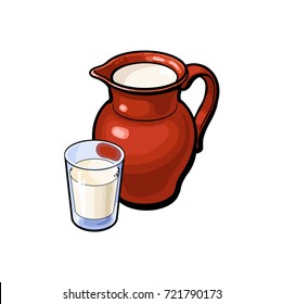 vector sketch cartoon glass of milk and ceramic pitcher jug, crock. Isolated illustration on a white background. Healthy food dairy products, natural dieting concept