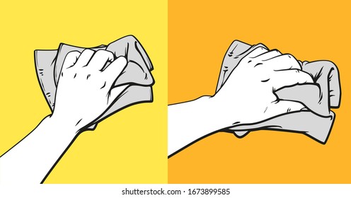 Vector sketch cartoon hand drawn illustration of human hand with rag, vector illustration isolated on yellow background