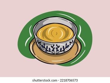 Vector, sketch, cartoon, hand drawn cup of whipped green mathca coffee on a plate. İllustrated design on cup.