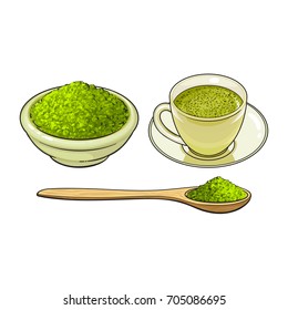 vector sketch cartoon hand drawn ceramic bowl of green mathca tea powder, bamboo spoon and cup of tea set. Isolated illustration on a white background. Traditional tea ceremony attribute, symbol