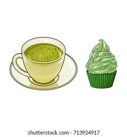 vector sketch cartoon hand drawn cup of whipped green mathca tea on a plate, cupcake sweets side view. Isolated illustration on a white background. Traditional tea ceremony attribute, symbol