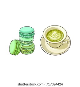 vector sketch cartoon hand drawn cap of whipped green mathca tea on a plate and macaroni sweets set. Isolated illustration on a white background. Traditional tea ceremony attribute, symbol