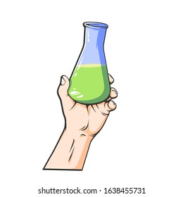 Vector sketch cartoon illustration of human hand with glass flask, isolated on white background