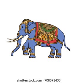 vector sketch cartoon indian gold decorated oriental elephant. Isolated illustration on a white background. Traditional eastern festive animal with big tusks. Hand drawn sri-lanka , india symbols