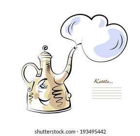 Vector sketch of cartoon kettle with a human face.