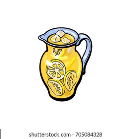 vector sketch cartoon lemonade glass jug, pitcher with handle. Isolated illustration on a white background. Fresh juicy cirtus drink. Healthy organic beverage full of vitamins, nutrients