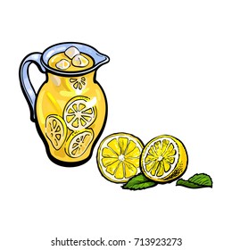 vector sketch cartoon lemonade glass jug, pitcher with handle, sliced lemons with leaves set. Isolated illustration on a white background. Fresh juicy cirtus drink. Healthy organic beverage.