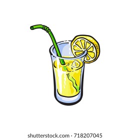 vector sketch cartoon lemonade glass with straw and lemon slice. Isolated illustration on a white background. Fresh juicy cirtus drink. Healthy organic beverage full of vitamins, nutrients