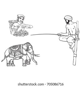 vector sketch cartoon local indian man in handscarf pagri or turban fishing at wooden stilt pillar, woman picking tea leaves, decorated elephant. Traditionally dressed characters, hand drawn symbols