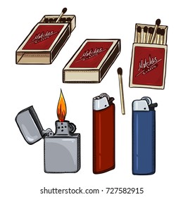 Vector Sketch Cartoon of Matches, Matchboxes and Lighters. Smoking accesories.