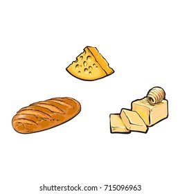 Vector sketch cartoon piece of porous cheese with holes, butter bar with slices, white bread loaf set. Isolated illustration on a white background. Healthy food dairy products, natural dieting concept