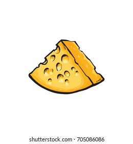 Vector sketch cartoon piece of yellow porous cheese with holes Isolated illustration on a white background. Healthy food dairy products, natural dieting concept