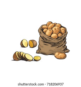 vector sketch cartoon ripe raw peeled yellow sliced potato and potato bag set . Isolated illustration on a white background. Vegetable fresh natural product, healthy lifestyle, eating concept