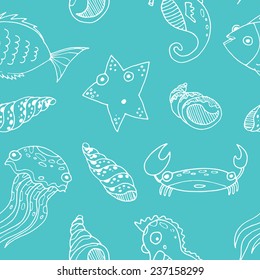 Vector sketch cartoon sea animals. Hand drawn coloring. Fish, starfish, crab, jolly fish, sea horse. Set. Seamless pattern. Background.