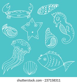 Vector sketch cartoon sea animals. Hand drawn coloring. Fish, starfish, crab, jolly fish, sea horse. Set.
