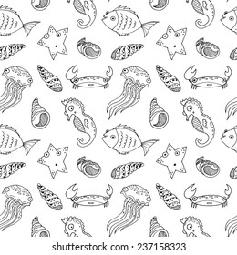 Vector sketch cartoon sea animals. Hand drawn coloring. Fish, starfish, crab, jolly fish, sea horse. Set. Seamless pattern. Background.