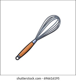 Vector sketch cartoon stainless egg wire whisk for whipping, egg beater isolated illustration on a white background. Kitchenware equipment utensil objects concept