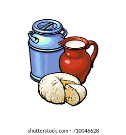 vector sketch cartoon style stainless steel milk-can container, sheep milk pitcher and cheese set. Isolated illustration on a white background. Hand drawn products design objects
