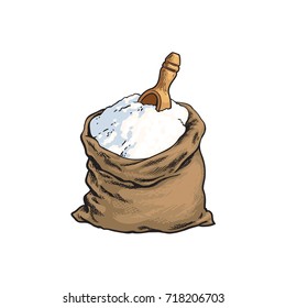 vector sketch cartoon wholemeal bread white flour or sugar burlap bag or sack with wooden scoop, shovel. Isolated illustration on a white background. Bakery menu, logo brand design element