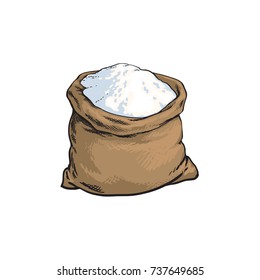 vector sketch cartoon wholemeal bread white flour or sugar burlap bag or sack. Isolated illustration on a white background. Bakery menu, logo brand design element