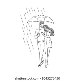 Vector sketch cartoon young couple woman, cute girl coat man walking holding umbrella under rain smiling hugging. Female character rainy autumn weather Isolated background monochrome illustration