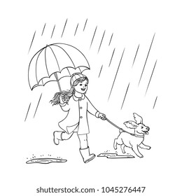 Vector sketch cartoon young girl kid cute child coat walking dog puppy pet holding umbrella under rain smiling. Female character rainy autumn weather Isolated monochrome illustration white background