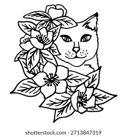 Vector sketch of a cat in apple blossoms. Spring floral design element.