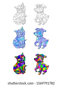 Vector sketch cat and dog stylized cubism slices in different variants