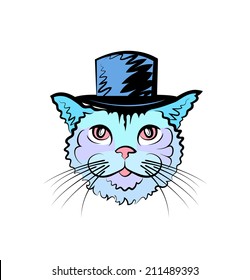 Vector sketch of cat on the white background. Bowler is put on the head of cat.