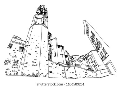 Vector sketch of Catedral de Gerona. Spain.