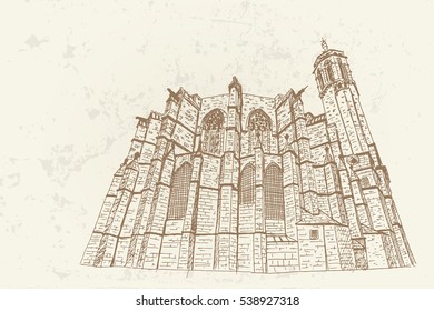 vector sketch of the Cathedral of the Holy Cross and Saint Eulalia. Barcelona. Spain. Retro style.