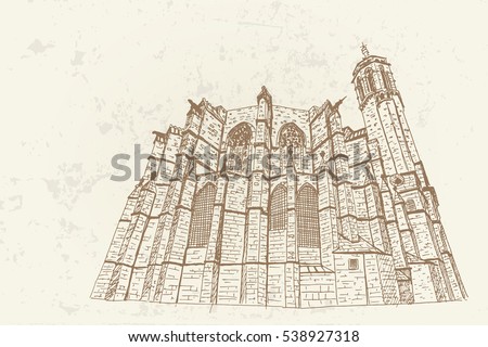 vector sketch of the Cathedral of the Holy Cross and Saint Eulalia. Barcelona. Spain. Retro style.