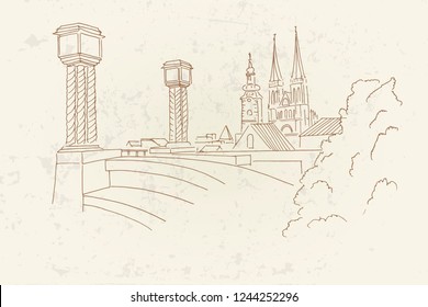 Vector sketch of Cathedral in Zagreb, Croatia