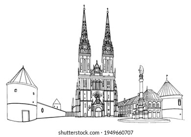 Vector sketch of Cathedral in Zagreb, Croatia