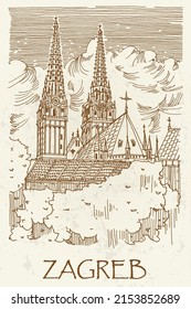 Vector sketch of Cathedral in Zagreb, Croatia. Retro artistic style.