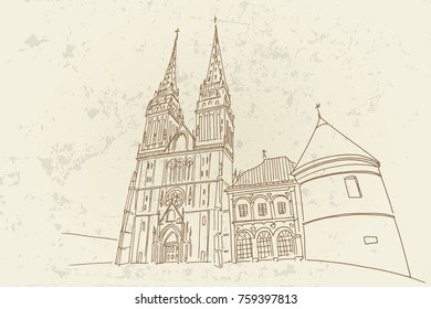 vector sketch of cathedral in Zagreb, Croatia.
