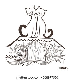 Vector Sketch with Cats in Love | Graphic black and white Valentine illustration with cats and vintage window with heart shape inside 