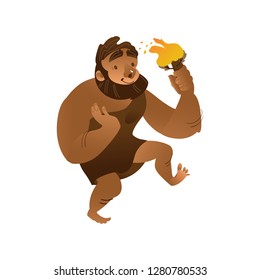 Vector sketch caveman walking naked in loincloth made of leather holding torch waving hand. Prehistory barbarian, ancient primitive homo male character. Isolated illustration